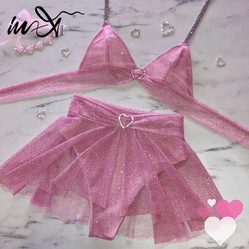 

In-X Sexy mesh swimsuit with skirt Shiny bikini 2020 Rhinestone swimwear women Bathers Love bathing suit Summer two piece suit