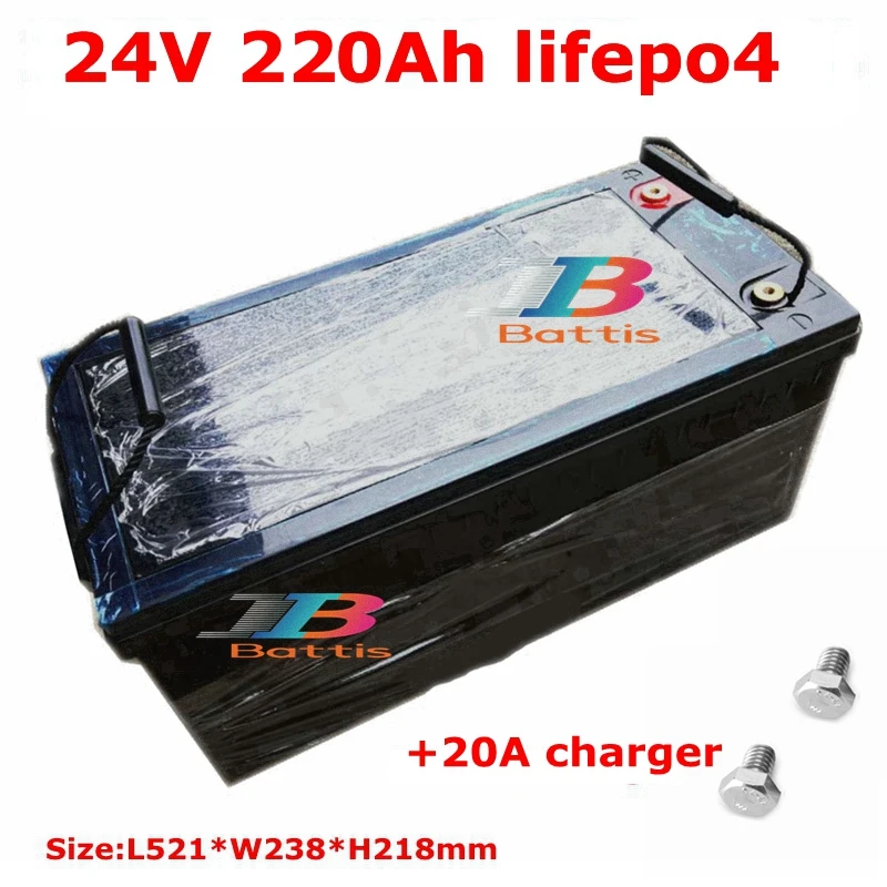 Водонепроницаемый 24 В 220AH lifepo4 аккумулятор с 100A BMS для велосипедных автодомов солнечной энергии RV EV лодка резервного питания UPS+ 20A зарядное устройство