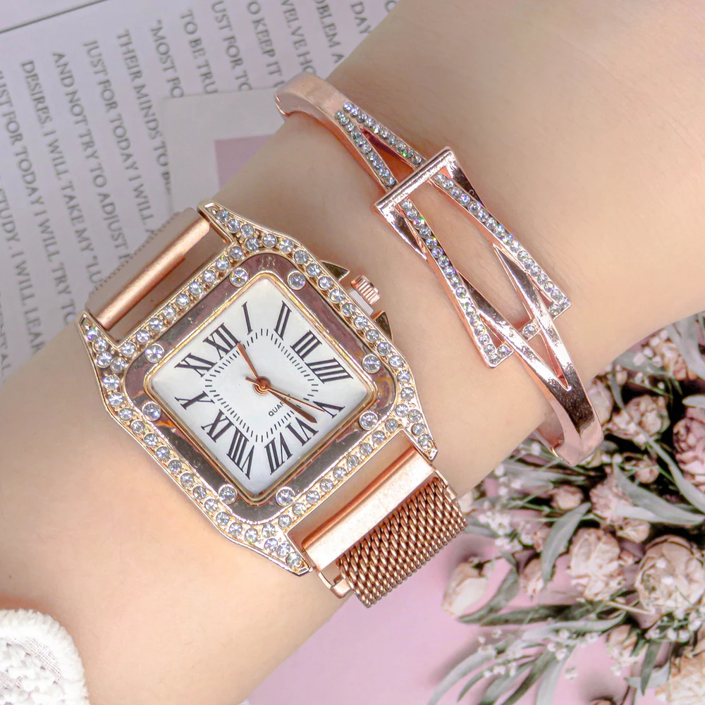 Luxury Square Magnetic Belt Quartz Watches For Women Rose Gold Bracelet Watches Wristwatches Elegant Clock Montre Reloj Mujer