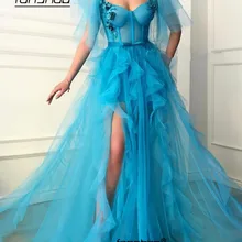 Синее вечернее платье для мусульманских женщин Тюль оборки Цветы Кружева щелевая Иллюзия ислам Дубаи Саудовская арабское вечернее платье для выпускного вечера