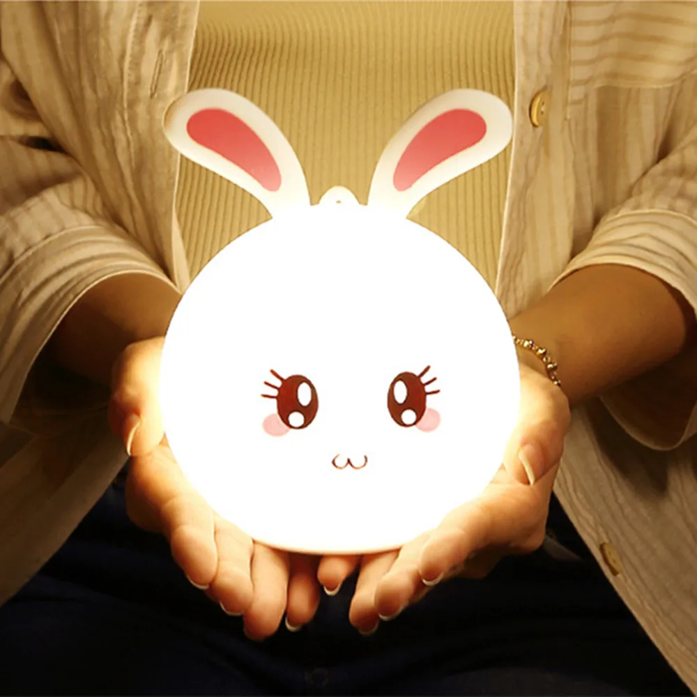 Rabbit LED Night Light Touch Sensor Remote Control RGB USB Rechargeable Silicone Bunny Bedroom Bedside Lamp for Children Baby