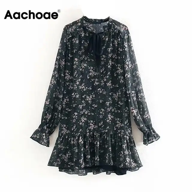 US $15.98 Aachoae Women Ruffle Bow Tie Mini Floral Print Dress Vintage Long Sleeve Casual Loose Pleated Dress