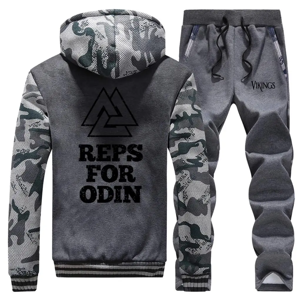 Hot Sale Winter Streetwear Camouflage Mens Hoodies Reps For Odin Vikings Coat Thick Suit Warm Jaackets+Pants 2 Piece Set