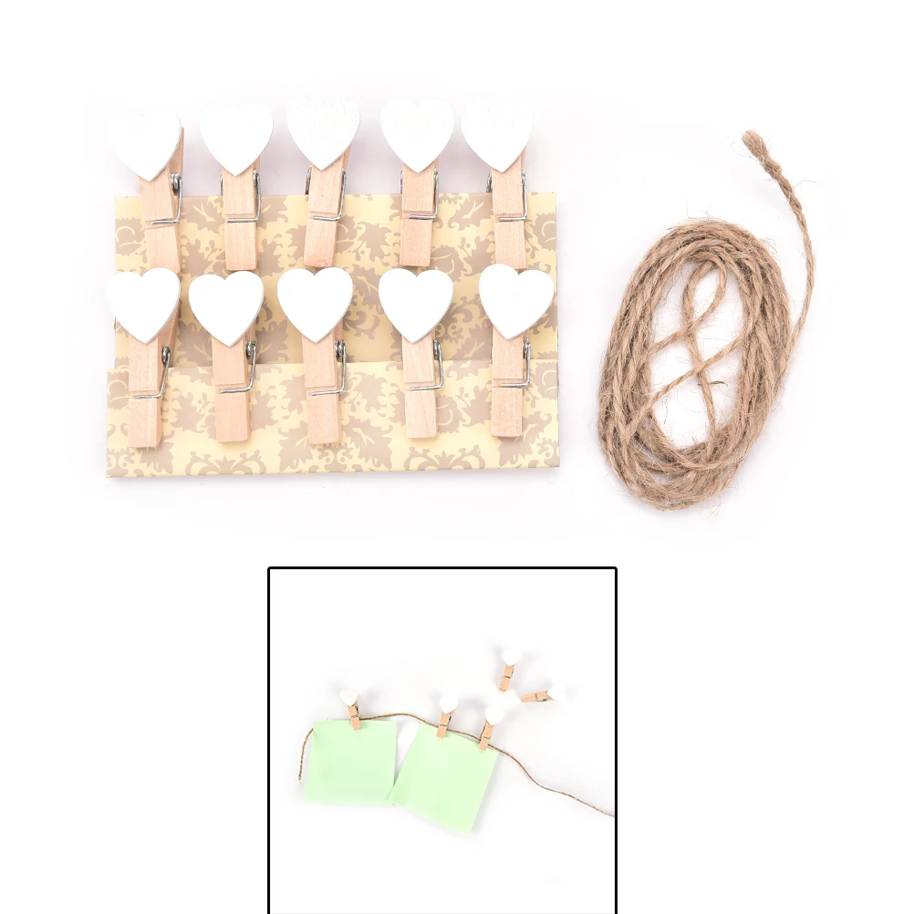NEW 10Pcs Mini Sweet Love Heart Shape Wooden Clips Message Photo Holder Paper 10 x Love Heart Wooden Clips with 1X Rope
