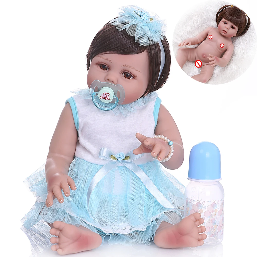 

NPK 48CM bebe reborn baby girl in tan skin full body silicone soft realistic alive newborn doll Bath toy waterproof