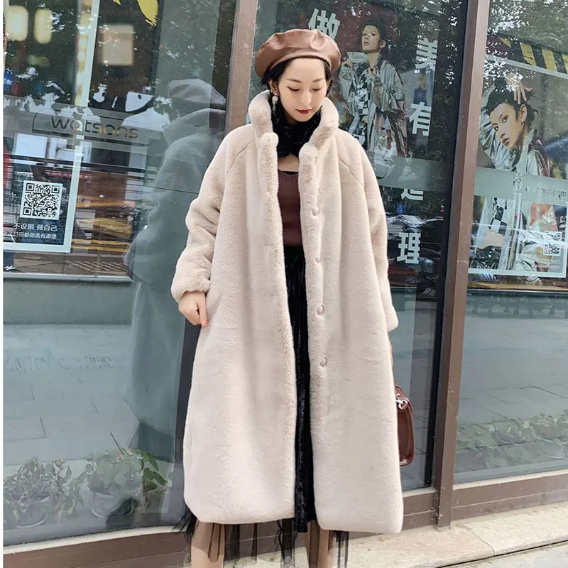 Winter Faux Fur Coat Women Korean Stand Collar Loose Oversized Warm Fur Jacket Female Fashion Big Hem Long Fur Coat Women - Цвет: apricot