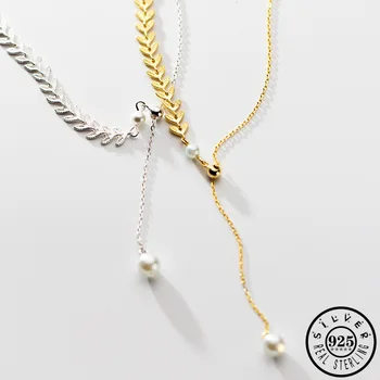 

100% 925 Sterling Silver Long Leaf with Round Shell Pearl Adjustable Gold Color Chain Statement Collar Choker Necklace for Women