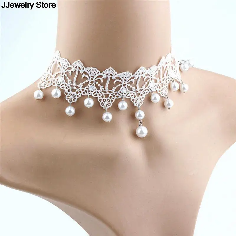 

Fashion Elegant Vintage Imitation Pearl White Lace Statement Choker Necklaces Bridal Jewelry For Women Wedding Silver