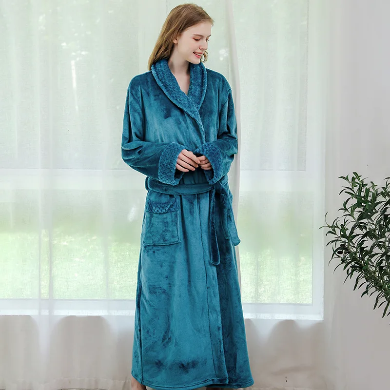 Зимний женский уютный фланелевый Халат, кимоно, теплый коралловый флис, длинный банный халат, Ночная одежда, меховые халаты, халат, Мужская одежда для сна - Цвет: haiganglannv