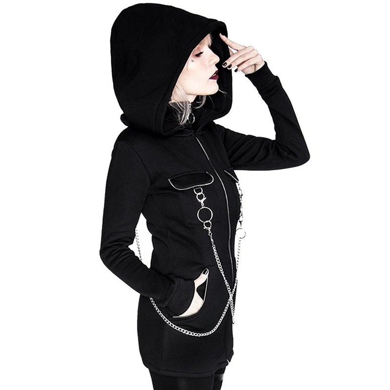 InsGoth Black Hooded Sweatshirts Women Coats Gothic Punk Zipper Material Chain Long Hoodies Pullover Streetwear Lady Long Hoodie