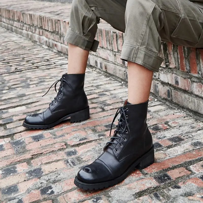 ALLBITEFO real genuine leather women boots Pure color Autumn Winter comfortable breathable ankle boots low heel boots Round toe