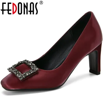 

FEDONAS Rhinestone Genuine Leather Women Shoes Round Toe High Heels Pumps 2020 Summer Spring Party Dancing Newest Shoes Woman