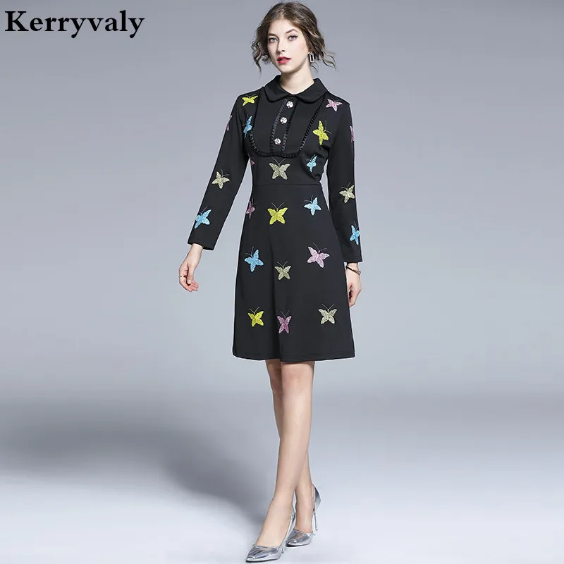 

Autumn Black Midi Cotton Butterfly Embroidery Dress Vestidos Casual Mujer 2019 Long Sleeve Retro Party Dress Sommer Kleid K6838