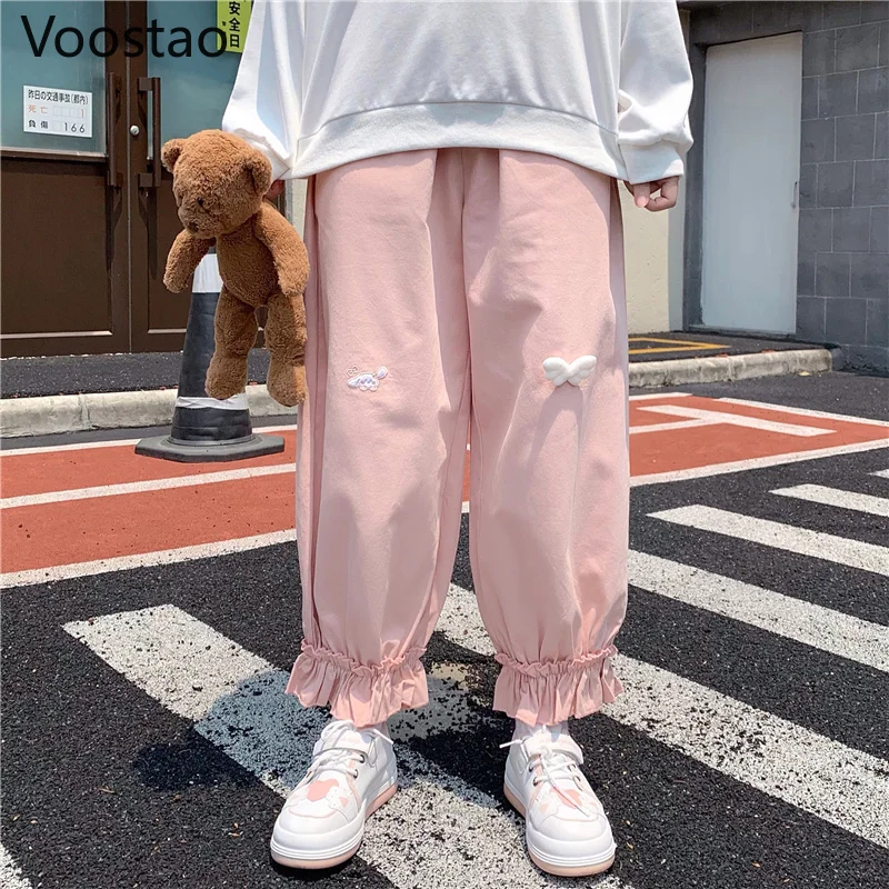 Japanese Kawaii Sweatpants Women Sweet Rabbit Embroidery Angel Wings Ruffles Bloomers Girly Pants Lolita Loose Straight Trousers