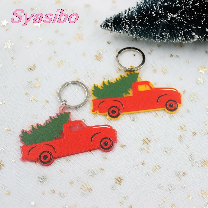 

76mm Acrylic Christmas Car Keychain 3inches Tree Printed Keychain Car Monogram Party Gift Laser Cutout-KC016