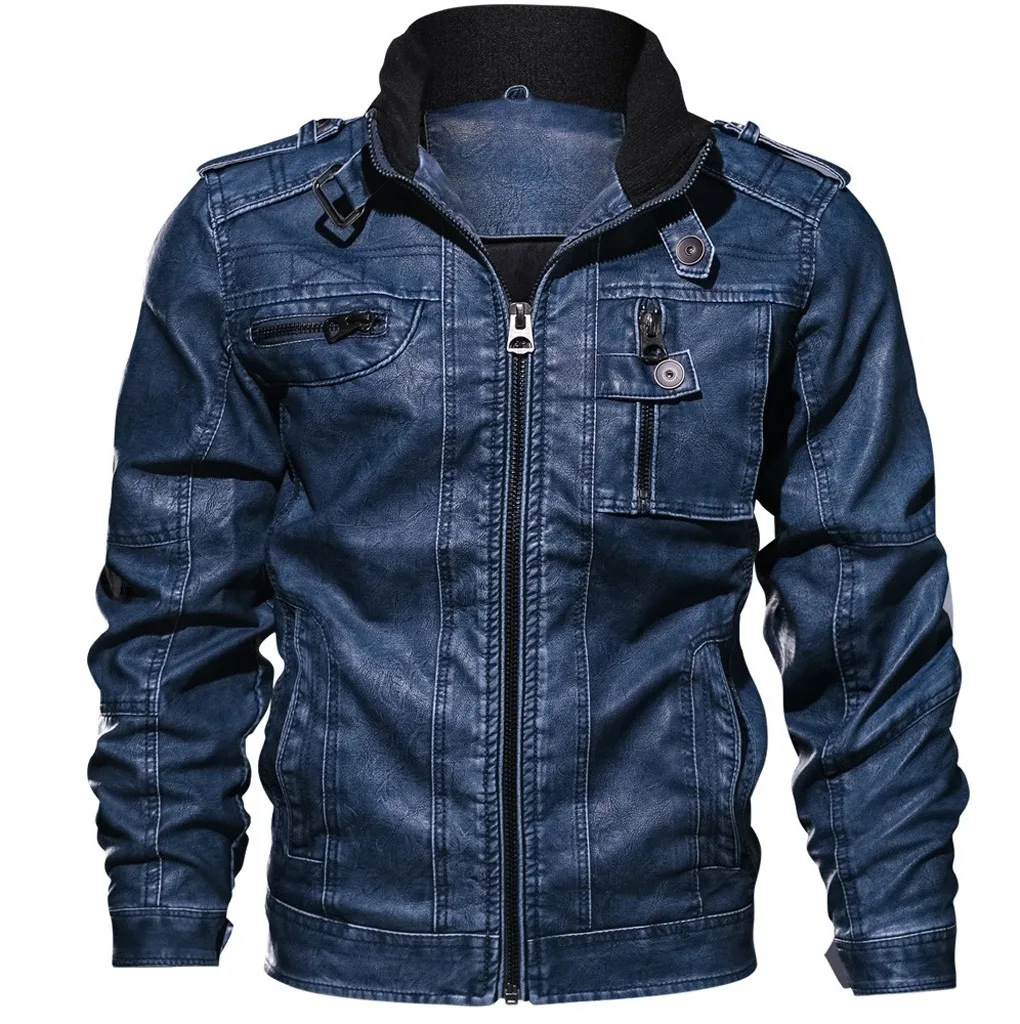 Dark Blue Мужская мода куртка чистый цвет молния Стенд воротник имитация кожи пальто Топы - Цвет: Dark Blue
