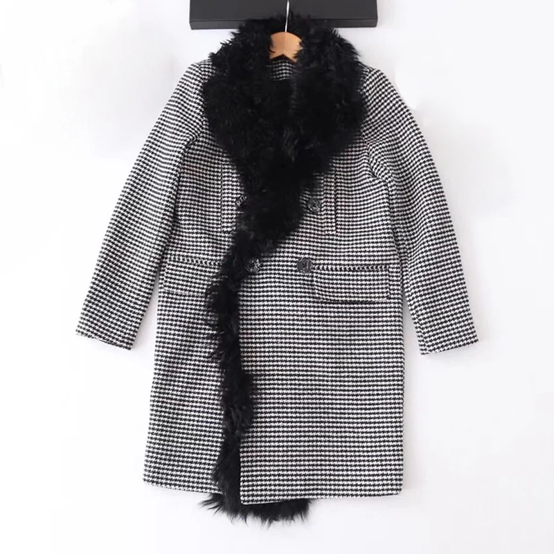 

Red RoosaRosee Designer Autumn Winter Women Wrist Sleeve Houndstooth Print Outwear Coat High Street Luxury Overcoat Lady Jacket