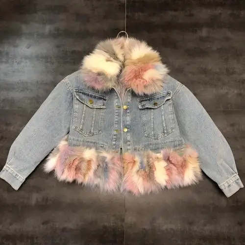 Multicolor Новинка осень зима большой Лисий Мех прошитая хлопковая стеганая джинсовая куртка для женщин роскошный натуральный мех джинсовая куртка с воротником пальто утепленная парка верхняя одежда - Цвет: Multicolor