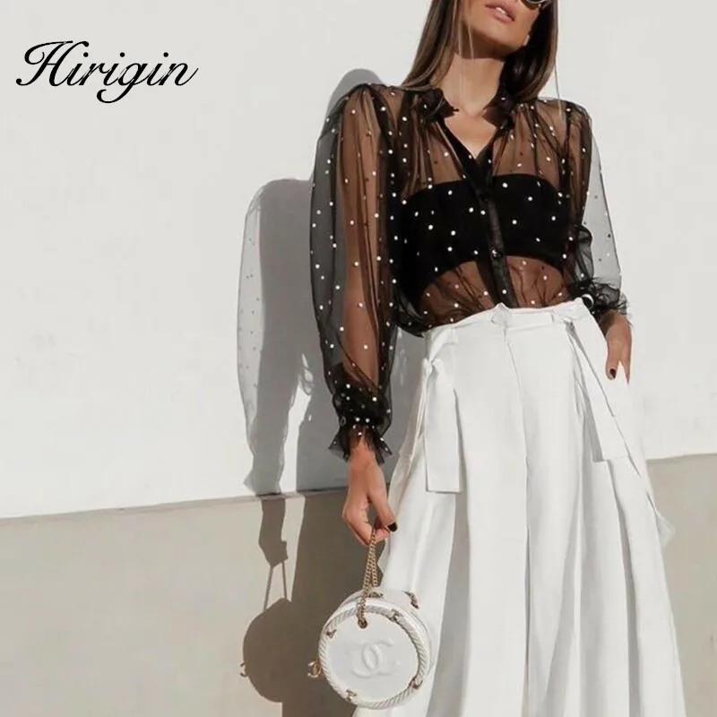 

2020 Fashion Women Polka Dot Print Mesh Blouses Casual Lantern Sleeve Sheer Tops Sexy See-Through Shirt Ladies Blusas