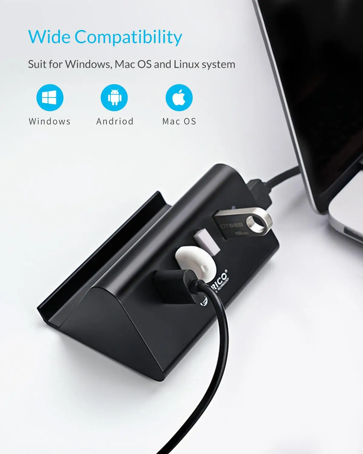 ORICO 5 Гбит/с высокоскоростной мини 4 порта USB3.0 концентратор сплиттер для настольного ноутбука с подставкой держатель для телефона Tablet PC-черный/белый
