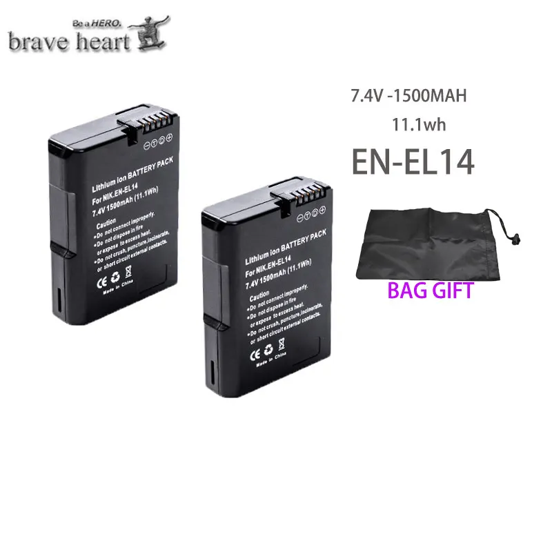1500 мА/ч, EN-EL14 батареи ENEL14 RU EL14 Камера Батарея пакет для Nikon D5200 D3100 D3200 D5100 P7000 P7100 MH-24 акумуляторная батарея 1500 мАч - Цвет: 2battery