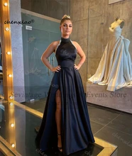 

Chenxiao Black High Neck Prom Party Gowns Satin Slit Side Lace Women Evening Dresses Formal Special Occasion Dress Outfits 2022