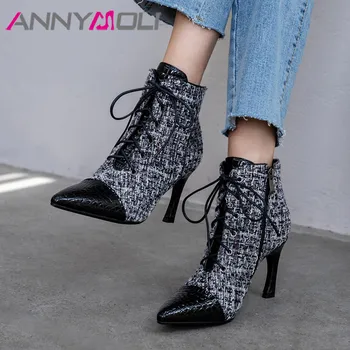 

ANNYMOLI Autumn Ankle Boots Women Natural Genuine Leather Thin Heel Short Boots Zipper Super High Heel Shoes Female Winter 34-39