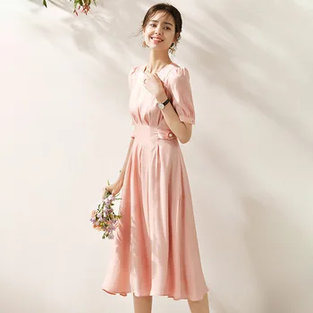 

Sweet Cute Pink Midi Dresses Women Summer O Neck Short Sleeve High Tunic Pearl White Dress Elegant Ladies Brief Dress 2020 New