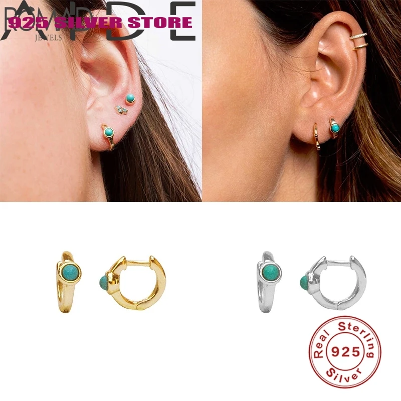 

Aide Boho 925 Sterling Silver Hoop Earrings Turquoise Small Round Huggie Earrings For Women Bohemian Fine Jewelry pendientes W5