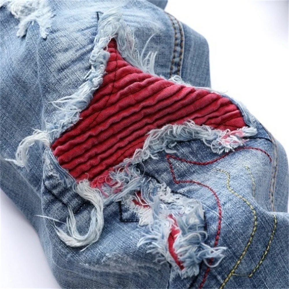 EH·MD® Different Color Patch Jeans Men's Frayed Fall/Winter Straight Cotton Soft Stretch Slim Light Blue Lining Red Fabric 2021