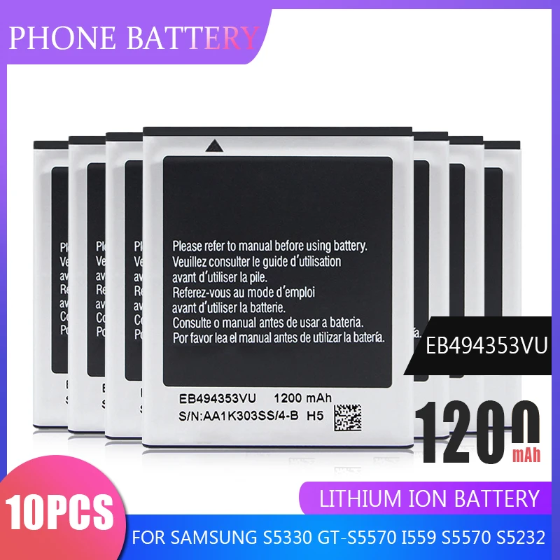 10 шт. 1200 мА/ч EB494353VU батареи для Samsung S5330 GT-S5570 GT-i5510 i559 S5570 S5250 S5232 C6712 S5750 Замена