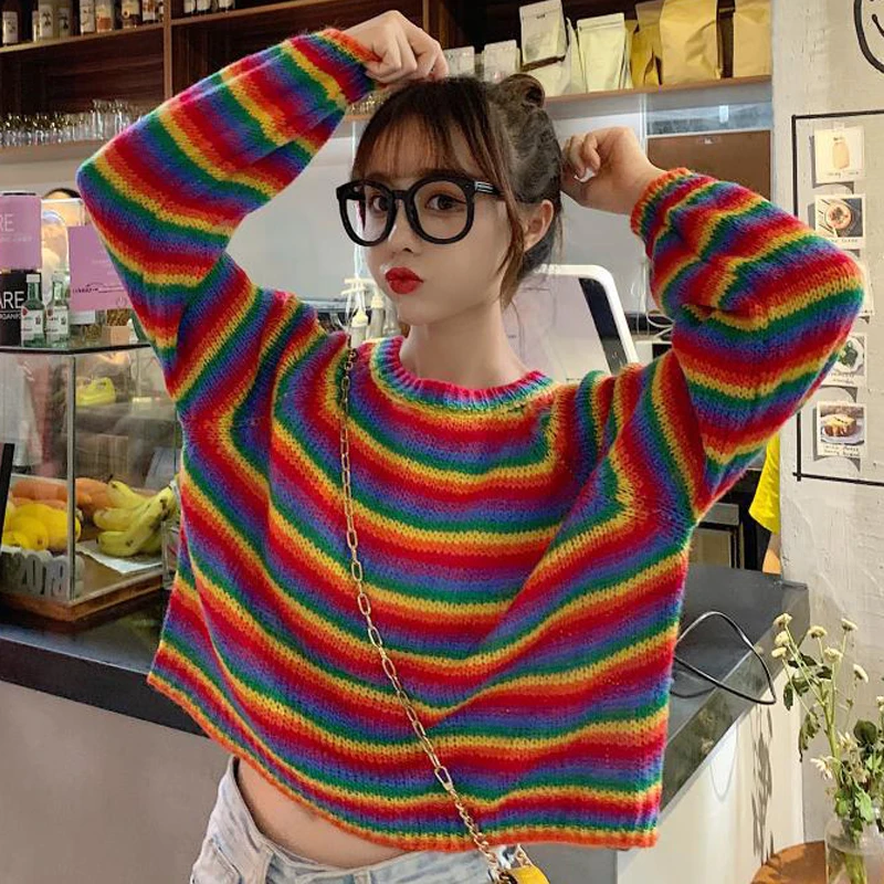 

2020 Autumn Winter Women Short Rainbow Sweater Knitted Loose Pullover Long Sleeve o Neck Ladies Rainbow Striped Jumper Fashion