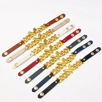 

Hot Sale Punk Style V Shape Thick Chain Link Premium PU Leather Bangle&Bracelets For Women