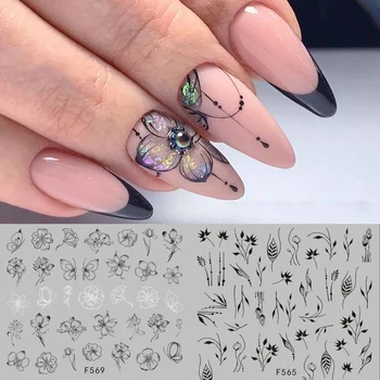 

1pcs Black White Leaf 3D Sliders For Nail Stickers Mandala Flowers Hollow Line Decor Manciure Adhesive Sticker Decal JIF564-573