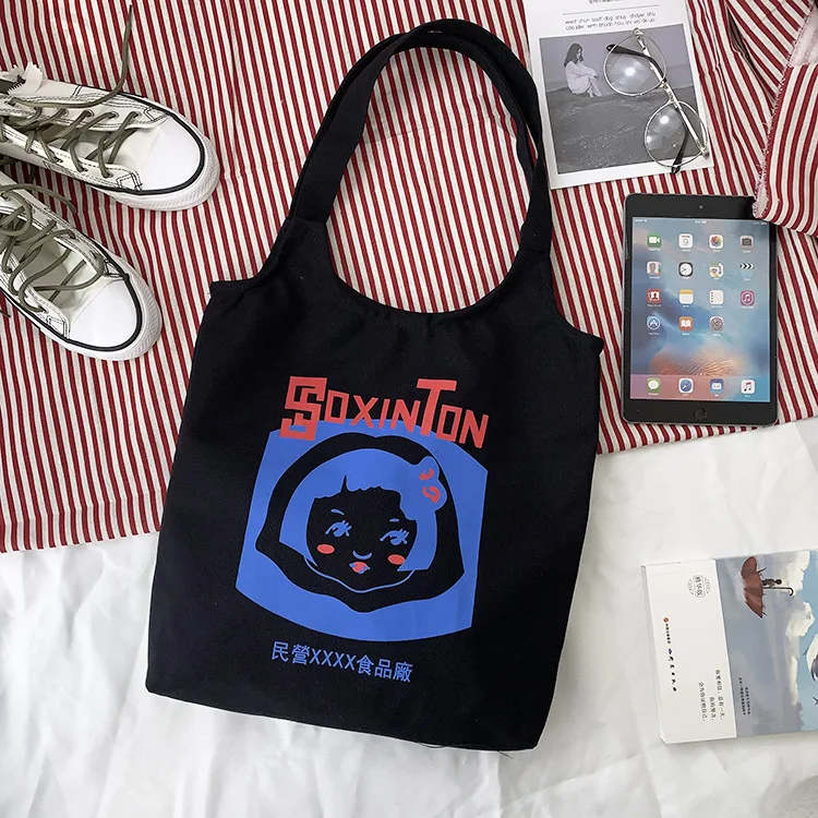 Women's Cartoon Print Tote Bags Handbag Ladies Casual Shoulder Bag Female Canvas Tote Bags Cotton Cloth Shopper Bag for Girls