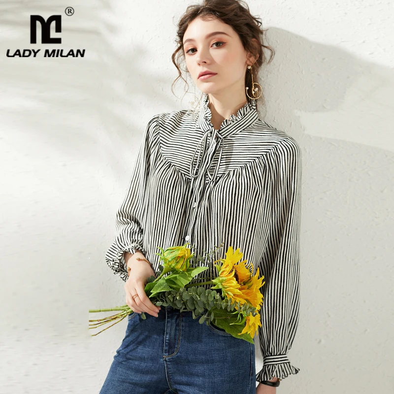 

100% Natural Silk Women's Runway Shirts Ruffled Collar Lace Up Long Sleeves Striped Printed Fashion Blouse Shirt