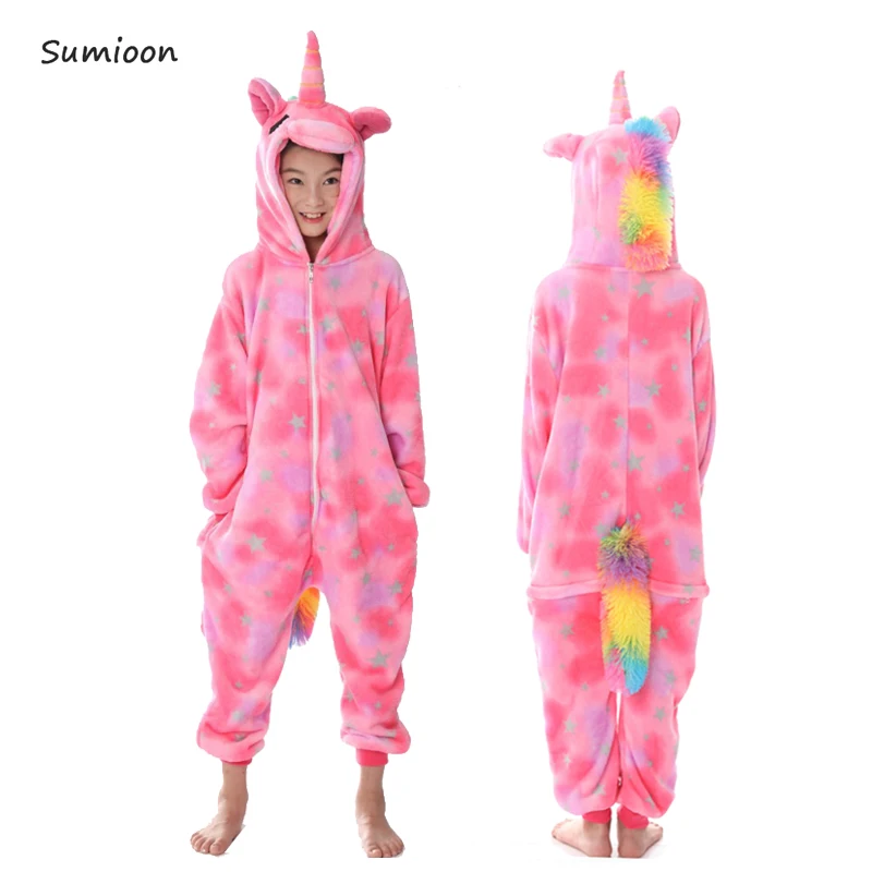 Зимняя Пижама kuguurumi для девочек и мальчиков; детская одежда для сна с единорогом, аниме, единорогом, единорогом и животными; теплая детская пижама из кораллового флиса - Цвет: Pink star Unicorn
