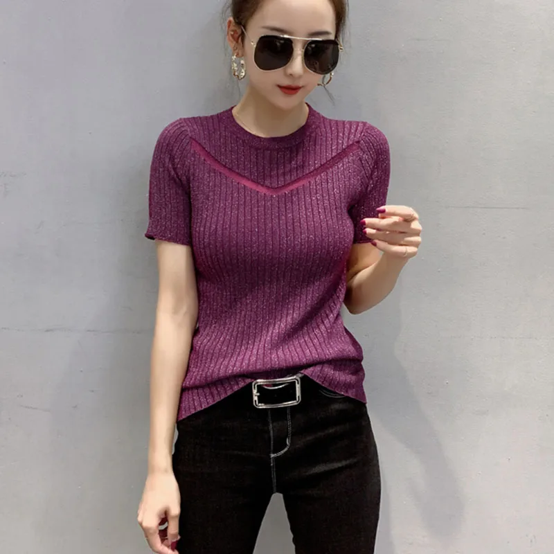 

shintimes Pull Femme 2020 Summer Sexy Slim Knitted Mesh Patchwork Sweater Women Short Sleeve Sweaters Pullover Womens Clothing