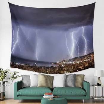 

Lightning City Sky Dark Clouds Lights City Wall Tapestry Cover Beach Towel Picnic Yoga Mat Home Decoration