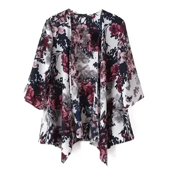 

Summer Vintage Floral Printing Blouses Female Bohemian Cardigan Women Casual Vacation Tops Half Sleeve Kimono