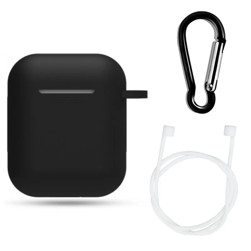 Чехол 3 в 1 и крючок для Apple для Airpods 2 1 чехол с брелком силиконовый 1:1 противоударный чехол для Airpod 2 аксессуары - Цвет: Black