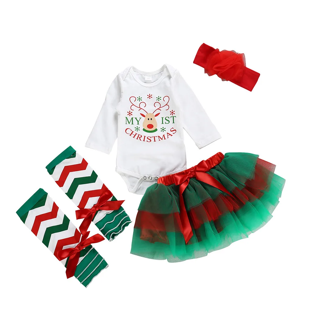 Детский Рождественский комбинезон для маленьких девочек, топы, платье-пачка, набор для волос, модная детская одежда с круглым вырезом, комплект одежды для девочек
