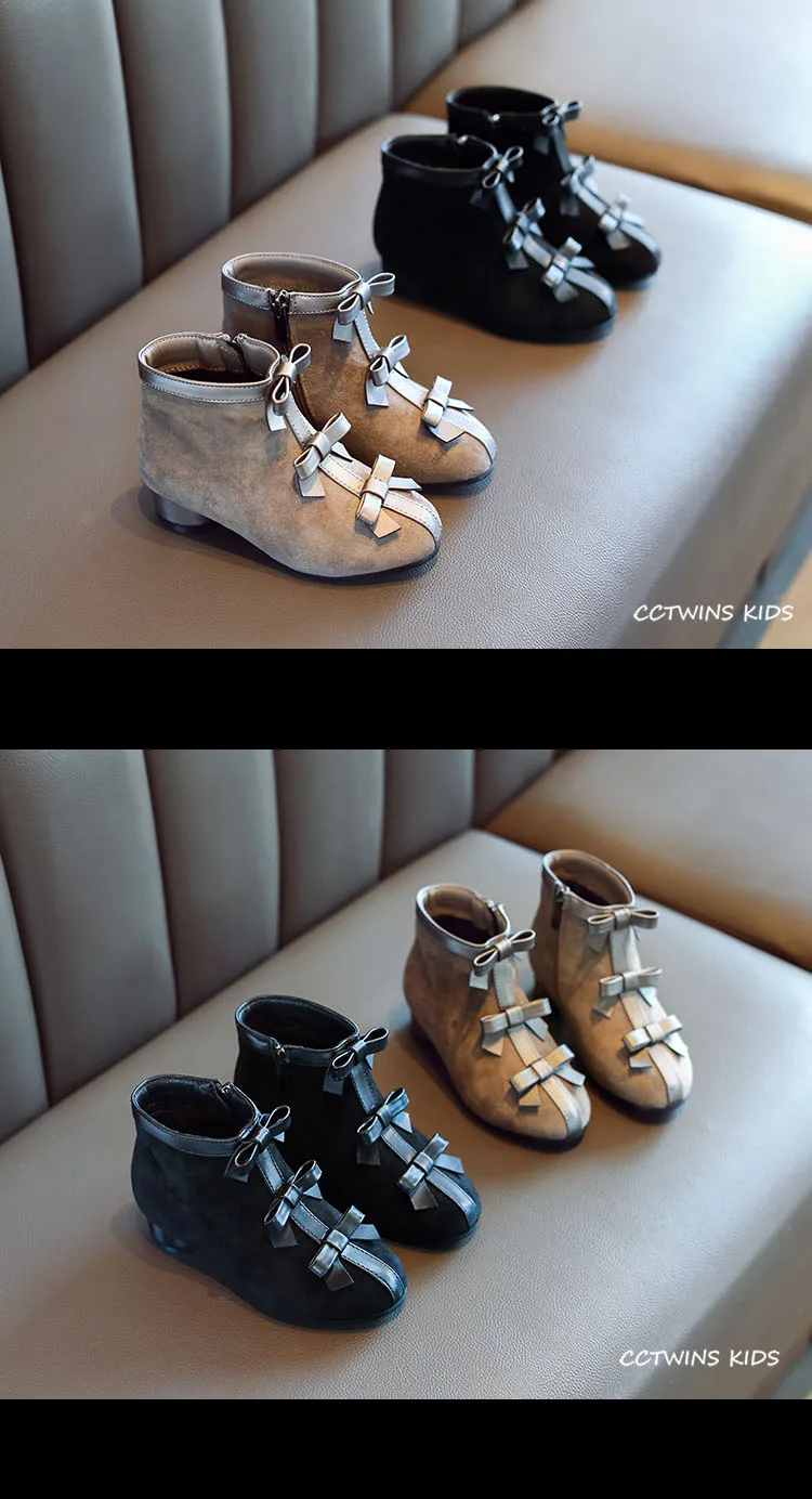 CCTWINS/детская обувь; коллекция года; Сезон Зима; Детские модные короткие ботинки с бабочкой для маленьких принцесс; брендовые черные теплые ботинки для девочек