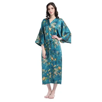 

Blue Women Night Kimono Bathrobe Gown Ladies V-neck Half Sleeve Sleepwear For 100kg-120kg Oversize 3XL 4XL Novelty Wedding Robe