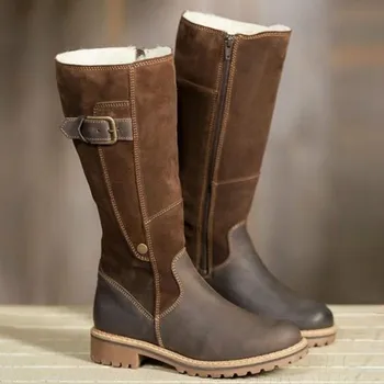 

Women 2020 Boots Winter Fashion Round Toe Flat Bottom Dropshipping Breathable Plush Warm Zipper Mid Calf Buckle Leisure Boots