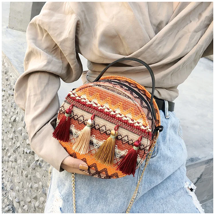 Women Straw Bags Rattan Woven Beach Shoulder Bags Ladies Crossbody Bag Handbag Female Bohemian Round Handmade