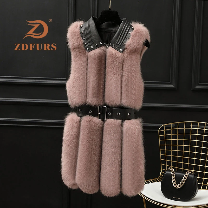 ZDFURS* зимний женский жилет из натурального Лисьего меха, модные заклепки, овчина, Воротник из натурального Лисьего меха, длинный женский жилет без рукавов