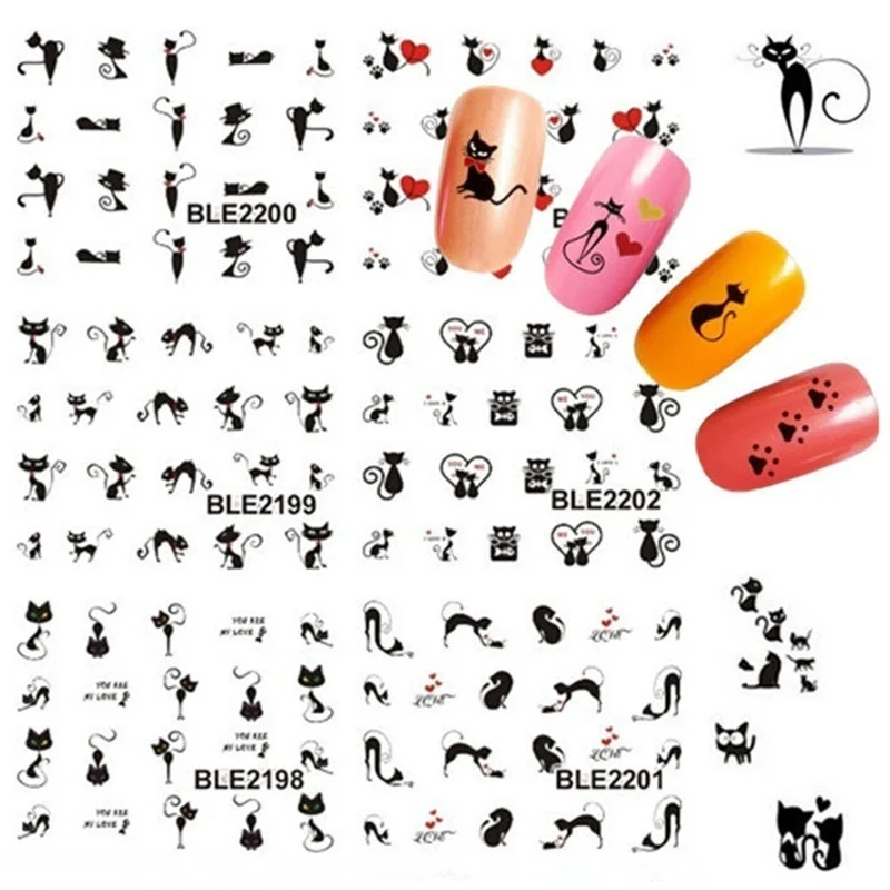 BearPaw новые наклейки для ногтей 11 дизайн в 1 черный милый кот дизайн Переводные стикеры 3D на ногти Nail Art Переводные картинки подарок для девочек Аксессуары