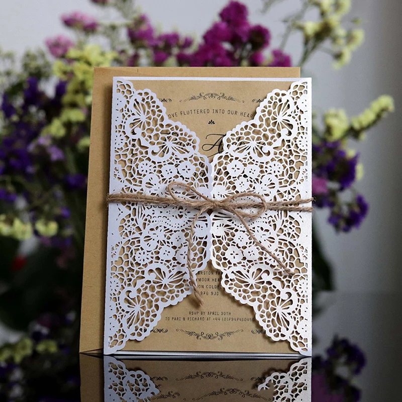  10pcs/set Wedding Invitations Floral Pattern Hollow Lace Invites Cards Bride and Groom Wedding Favo - 4.00008E+12
