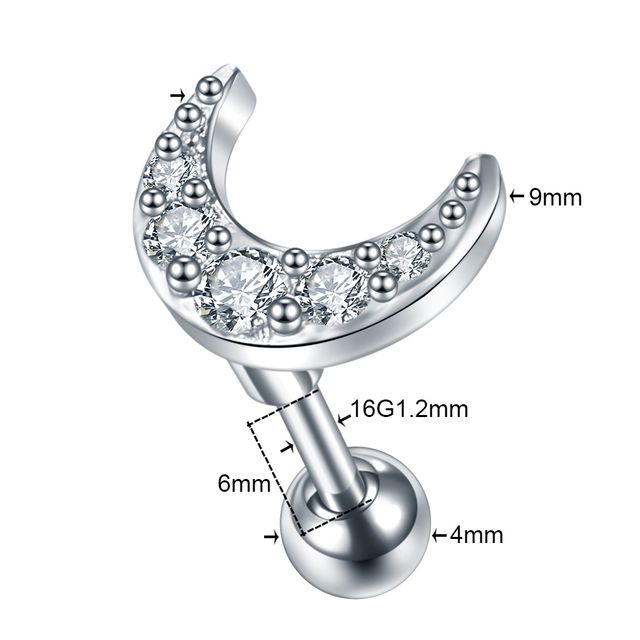 16G CZ Gem Cartilage Stud Moon Star Heart Cross Flower Crown Helix Tragus Piercings Conch Rook Stud Earring Piercing Jewelry